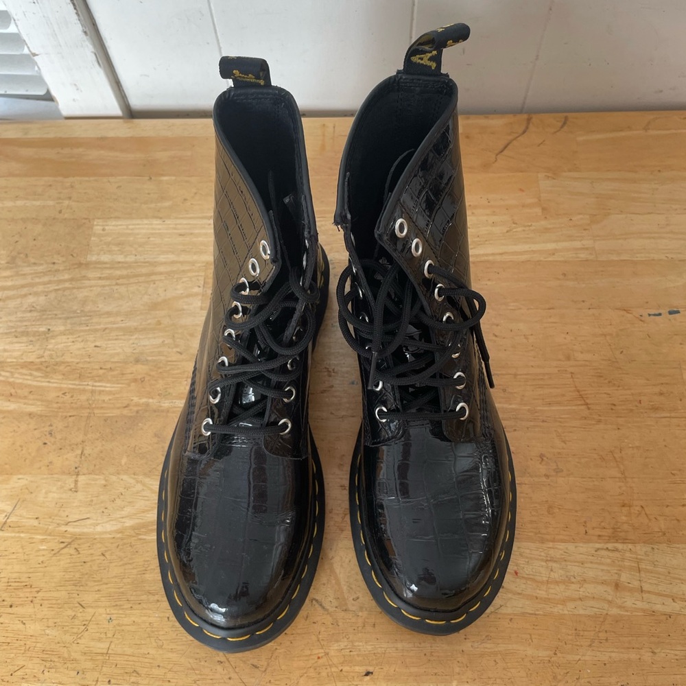 Dr. Martens Black Croc-Embossed Lace-Up Boots